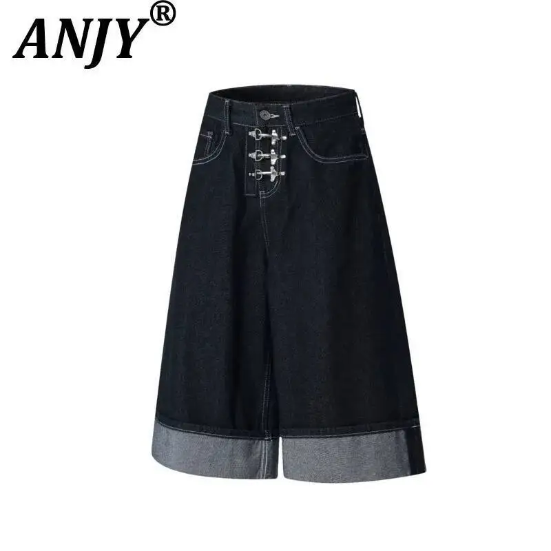 

ANJY American High Street Buckle Rolled Hem Denim Shorts Summer New Women Tide Trendy Loose Wide-leg Cropped Denim Pants A23838