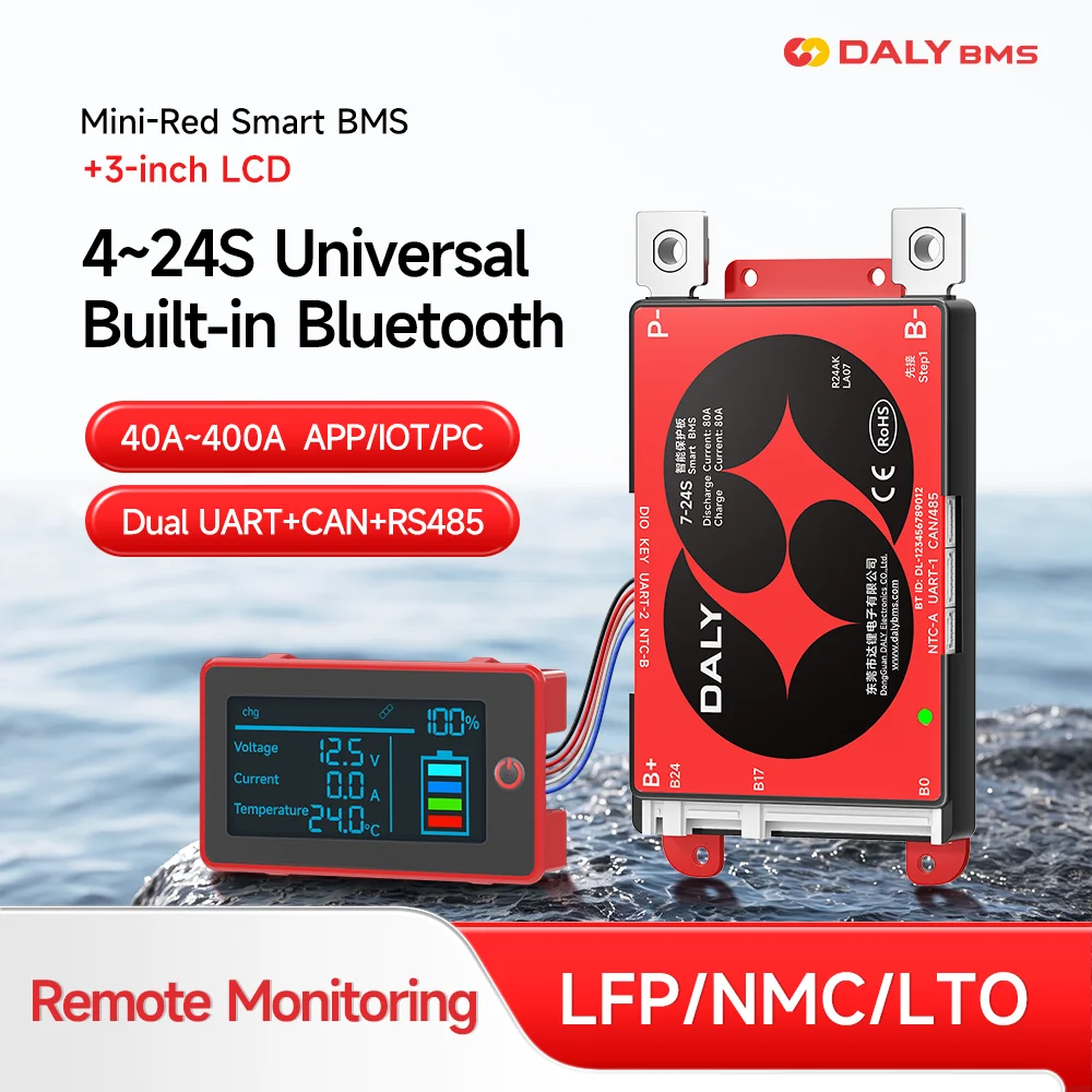 Daly Smart BMS 3inch LCD Screen Lifepo4 4-8S 7-17S 7-24S 40A 60A 80A 100A Li-ion Battery RS485 CANBUS Built-in Bluetooth BMS