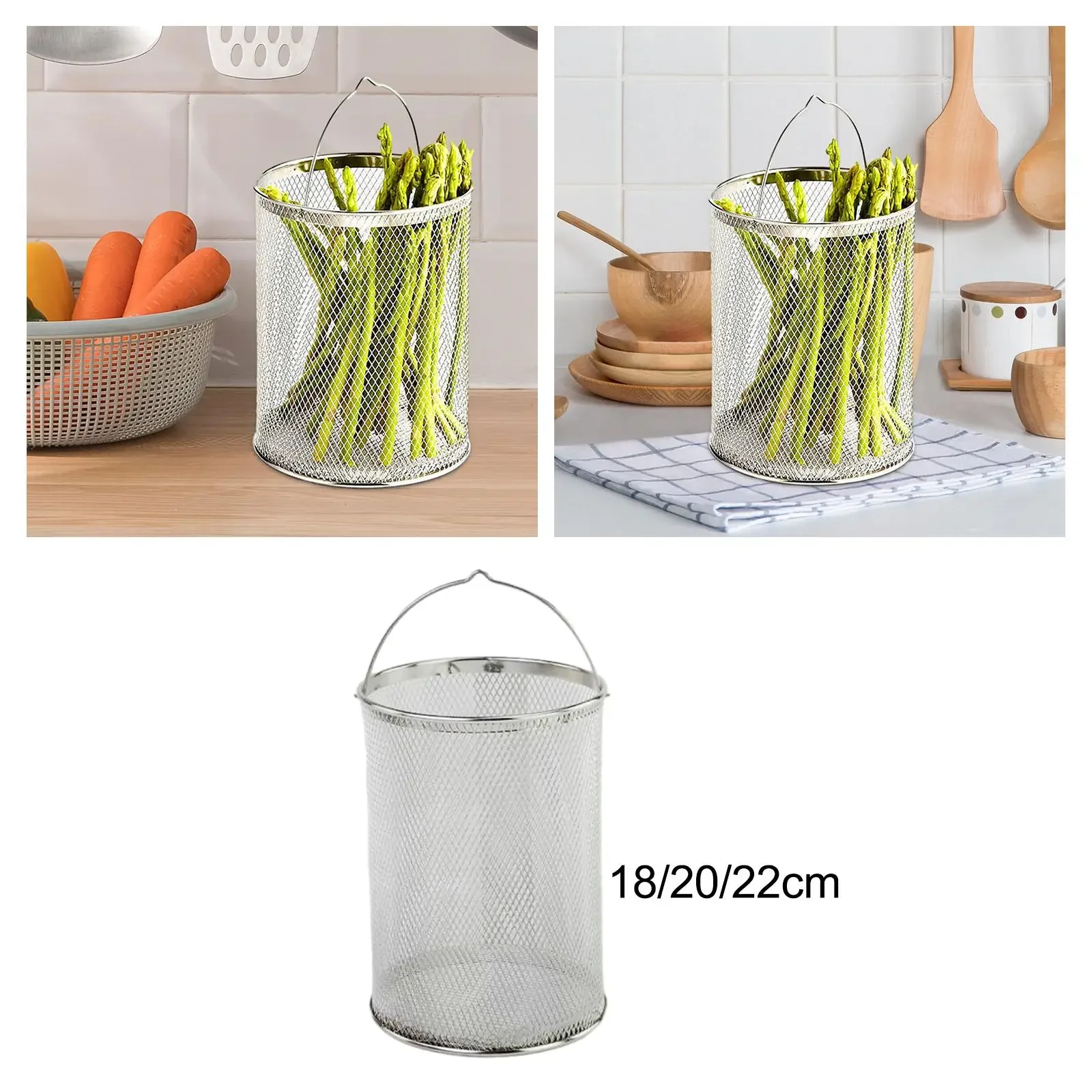 Cesta de fritar de aço inoxidável - Coador de malha redonda para macarrão, legumes e frutas, cesta de filtro de cozinha de nível comercial