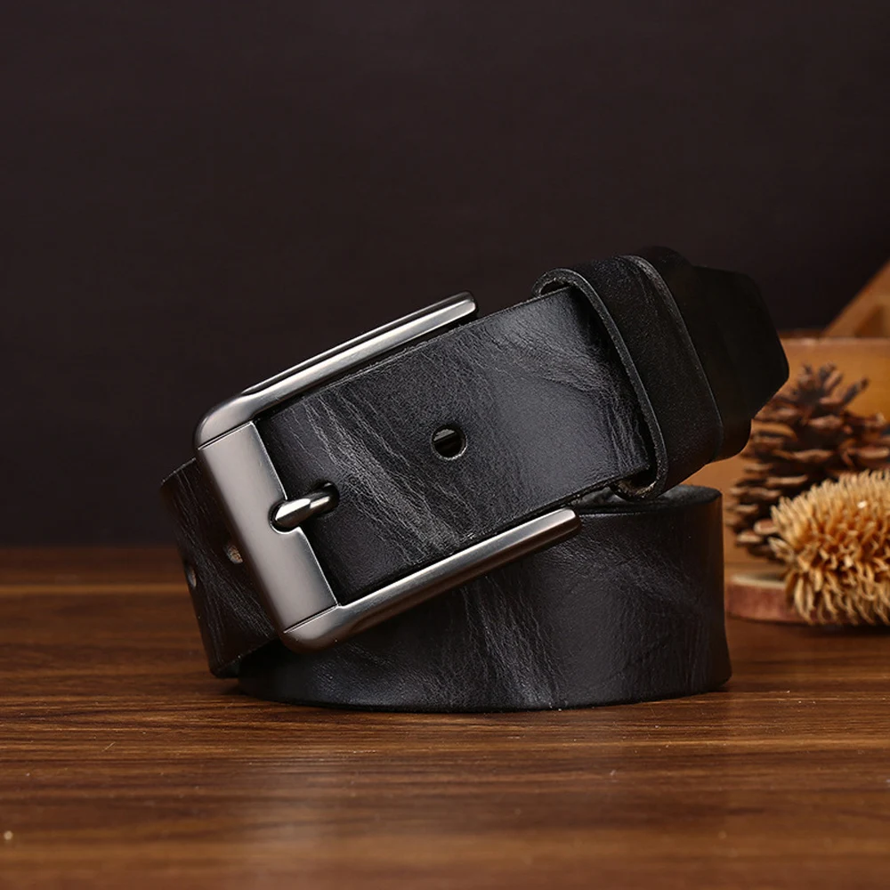 3.8CM Washed retro men's pleated top layer cowhide trendy and personalized denim casual work pants belt