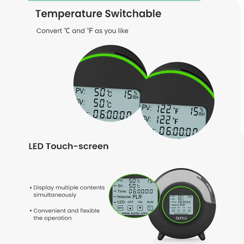 SUNLU S2 Suszarka z wentylatorem Upgrade 3D Filament Dry Box 82mm MAX70 ℃   360 °   Wyświetlacz wilgotności ogrzewania Ekran dotykowy LED Ustawienie czasu