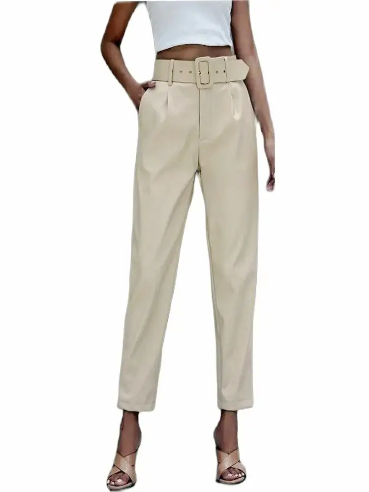 Women's Casual Retro High Waist Faux Leather Straight Trousers with Belt Office Lady Fashion England Style Long Beige PU Pants