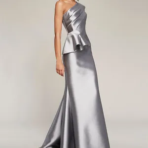 Özel over-the-omuz gri gelinlik modelleri, mermaid / trompet saten fermuar geri pileli küçük tren abiye kadınlar için Elbisenin ilk 10 satışı saten ve gümüş 6 numara