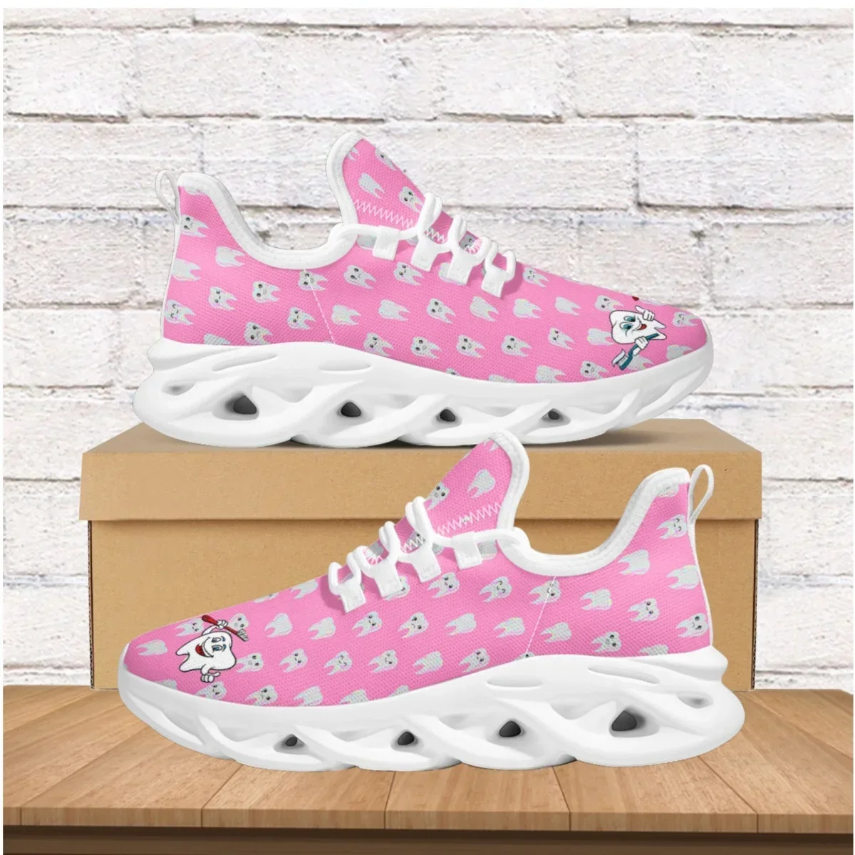 

Cartoon Teeth Print Women's Flats Sneakers Fashion Kawaii Lace-Up Vulcanized Shoes Outdoor Breathable Non-Slip Running Shoes