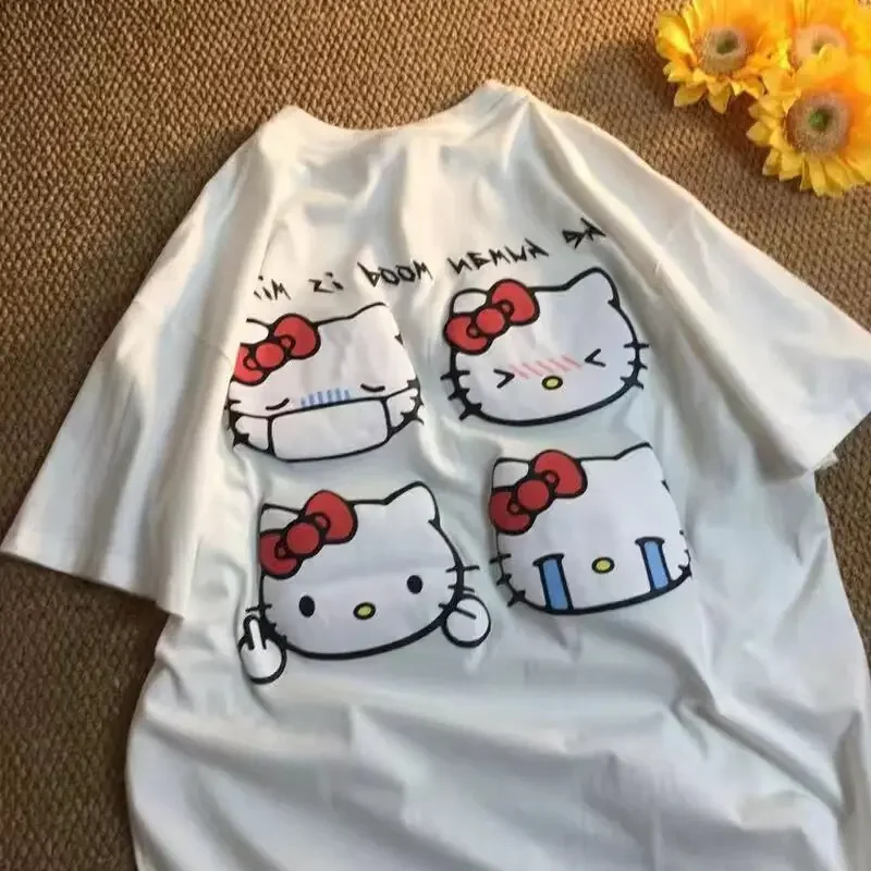 Korean Casual Women T-shirt Vintage Casual Hello Kitty Print Unisex T-shirt Student Couple Short Sleeve Summer T-shirt Goth Tops