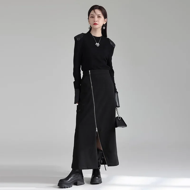Pop Zippered Side Slit American Style Sensual Women's Fleece-Lined Long Skirt Autumn/Winter Chic Fashion Trend Female Pants