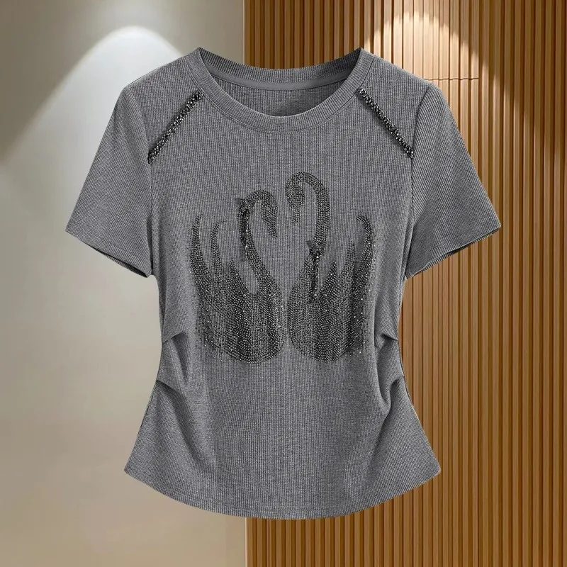 

Swan Rhinestone Embellished Knit T-Shirt For Women Elegant Office Wear With Animal Design And Classic Round Neck
