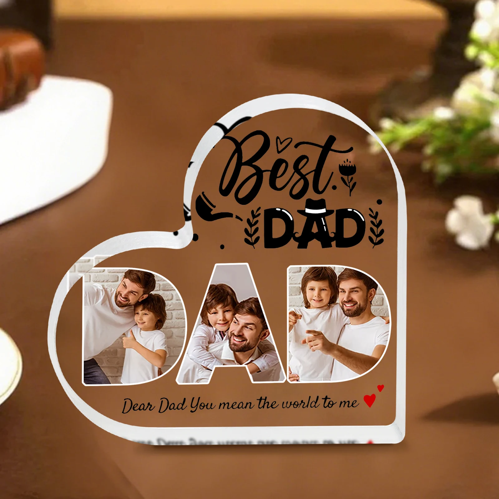 어린이와 아빠를 위한 맞춤형 하트 모양 아크릴 기념품 - 개인 사진과 따뜻한 메시지를 소중한 기념품으로 만들어보세요