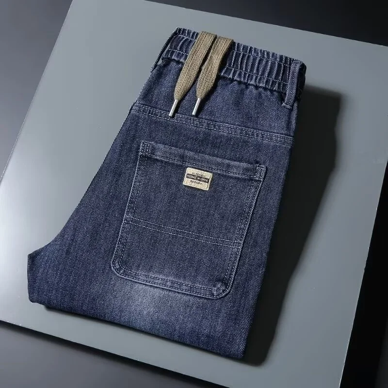 

Мужские джинсы премиум-класса с эластичным поясом, весенне-осенние, свободные, прямые, повседневные, с завязками, новые, эластичные, длинные брюки для мужчин