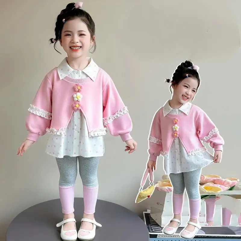 Girl Sweet Flower Collar Hoodie Underpants Set Spring Autumn New Children's Pants Long Sleeve T-Shirt Girl Fashion Two Piece Set