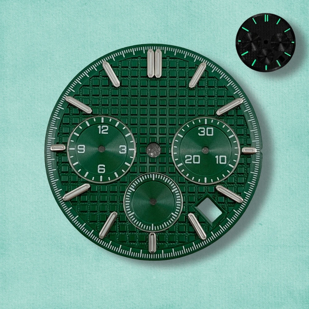 31.8mm S Logo Panda Three Eyes Dial Fit VK63 Movement Green Luminous High-Quality Dial Watch Modification Accessories