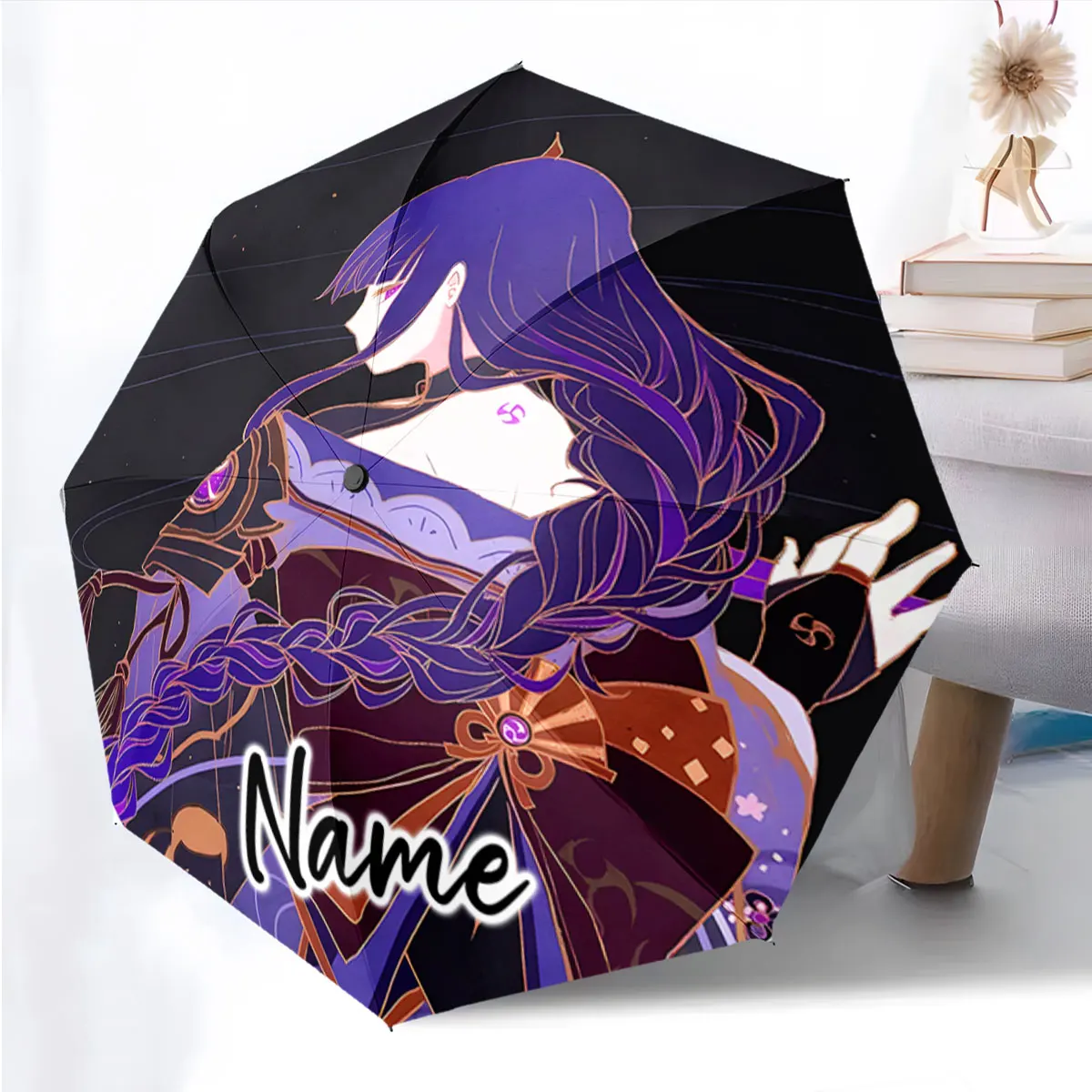 Custom Name Umbrella Anime Character Umbrella with Purple Design Print 8 Iron Ribs Folding Umbrella Auto-Open Fashion Sunshade