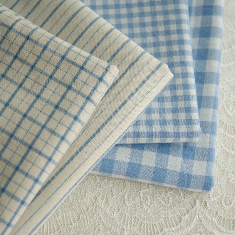 140x50cm Vintage Blue Linen Plaid Striped Yarn-Dyed Cotton Fabric , for Tablecloth Dress Bag Sewing Cloth