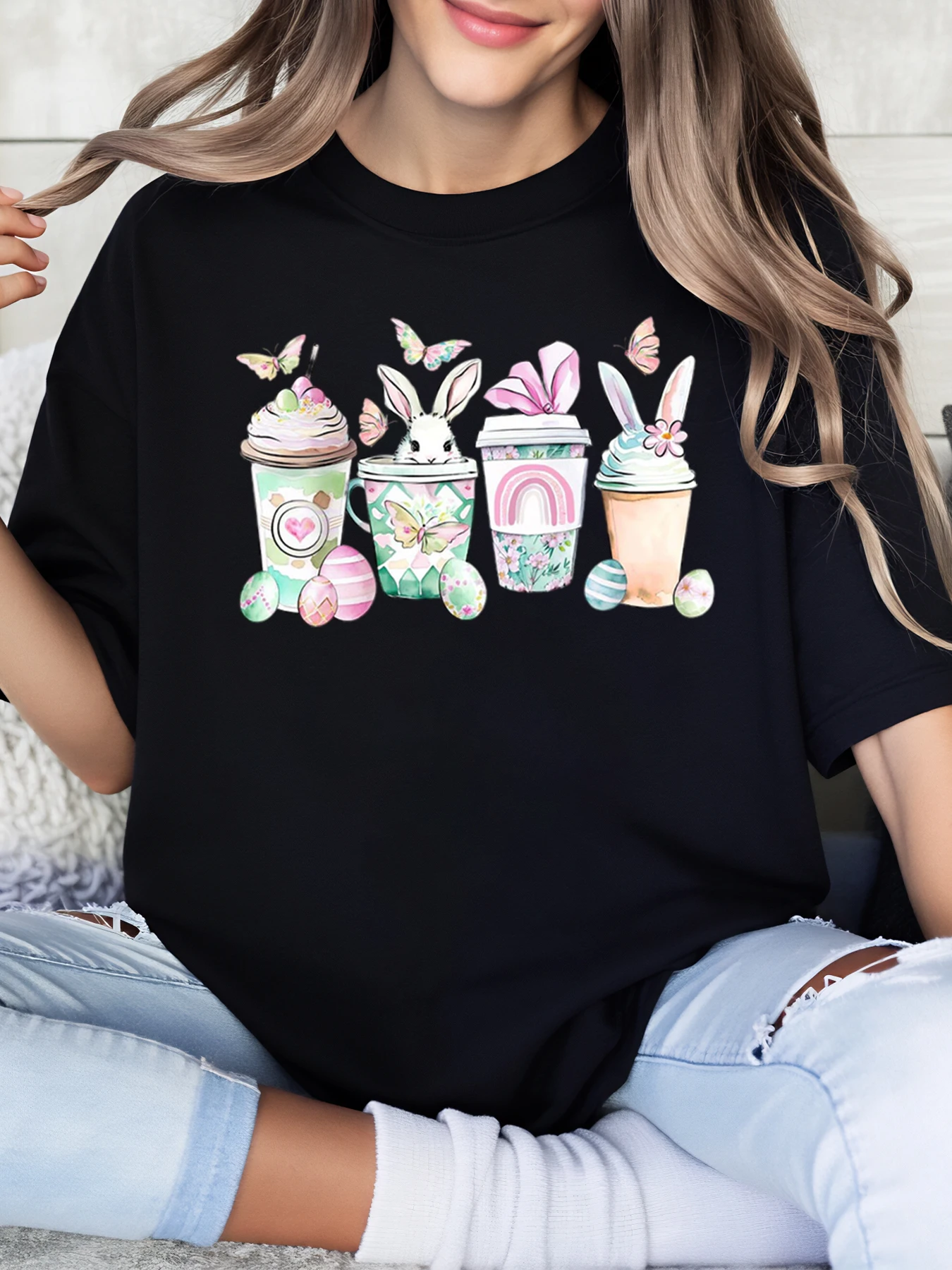 Paashaas Koffiekopjes Print Paas T-shirt Dames Casual Lente Outfit Zwart Plus-Size
