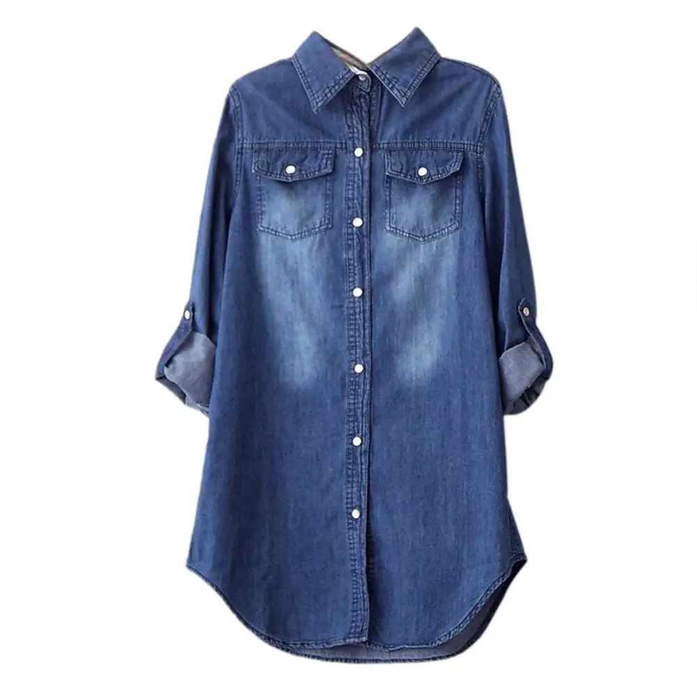 Women Denim Shirt Women Shirt Stylish Women\'s Denim Shirt Coat with Lapel Collar Loose Fit Pockets Fashionable for Commuting