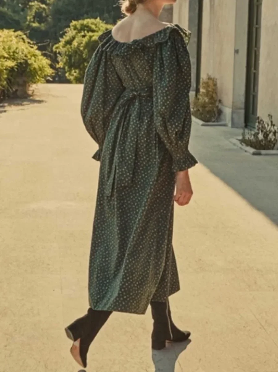 

Женское хлопковое длинное платье с зеленым цветочным принтом, новинка 2025, оборки, кукольный воротник, рукав-фонарик, винтажный женский халат