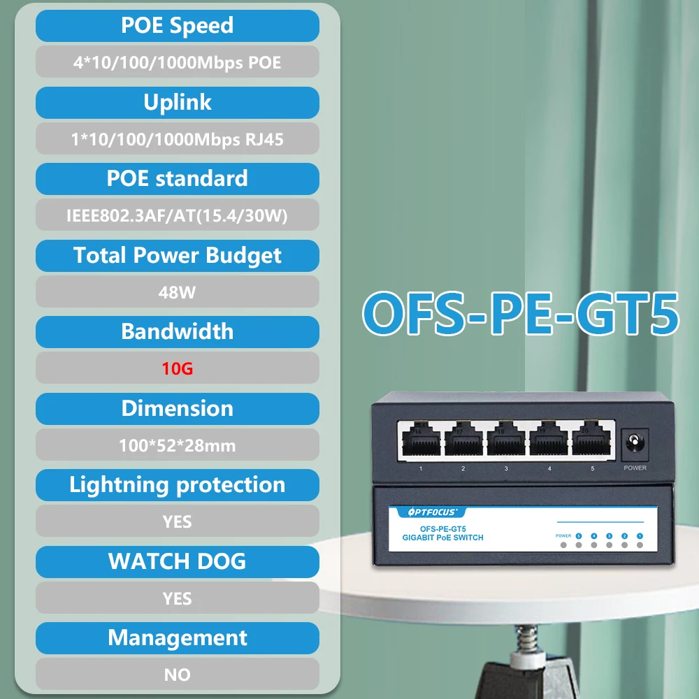 OPTFOCUS 1000M GIGABIT POE Switch 5 Ports PoE 48V 15W 30W 802.3af 802.3at Ethernet hub splitter Active Ethernet for CCTV cameras