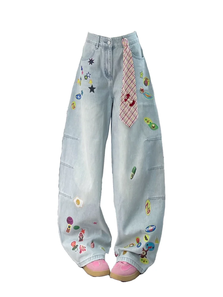 

Women's Blue Patchwork Jeans Cargo Baggy Y2K Japanese Harajuku High Street 2000S Aesthetic Cute Retro Jeans Pants Clothing 2025