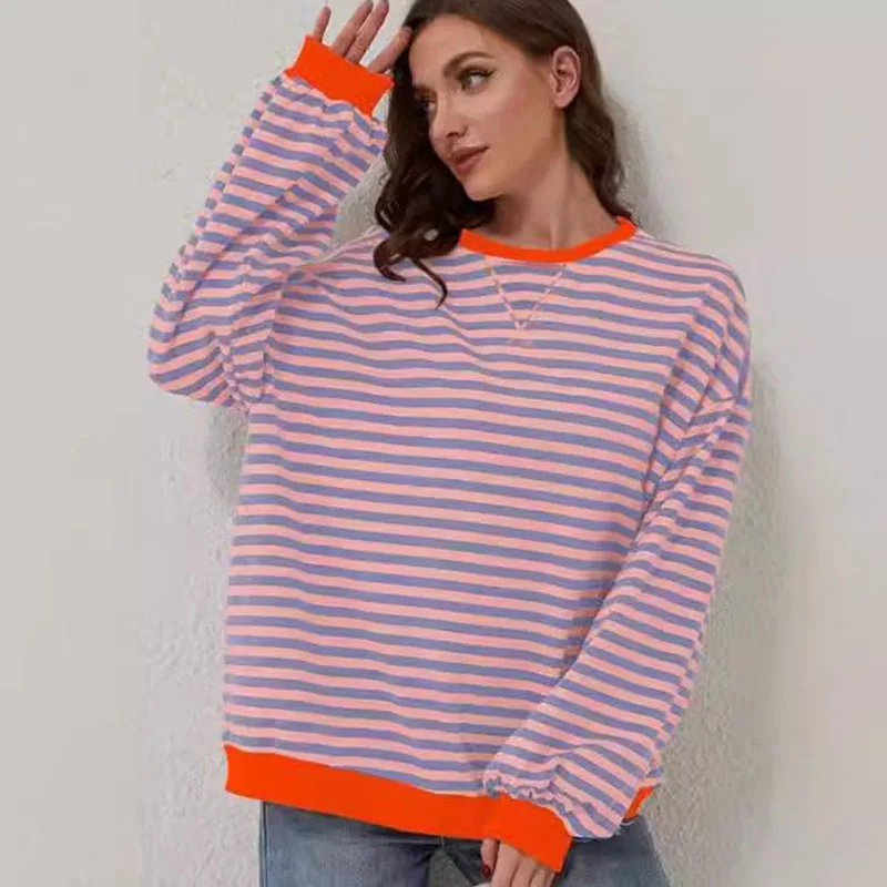 Damen Herbst/Winter Neuer Gestreifter Rundhals-Pullover Locker Lässig Langarm Sweatshirt Streetwear Harajuku-Stil Sweatshirt-Jacke – Detail 7