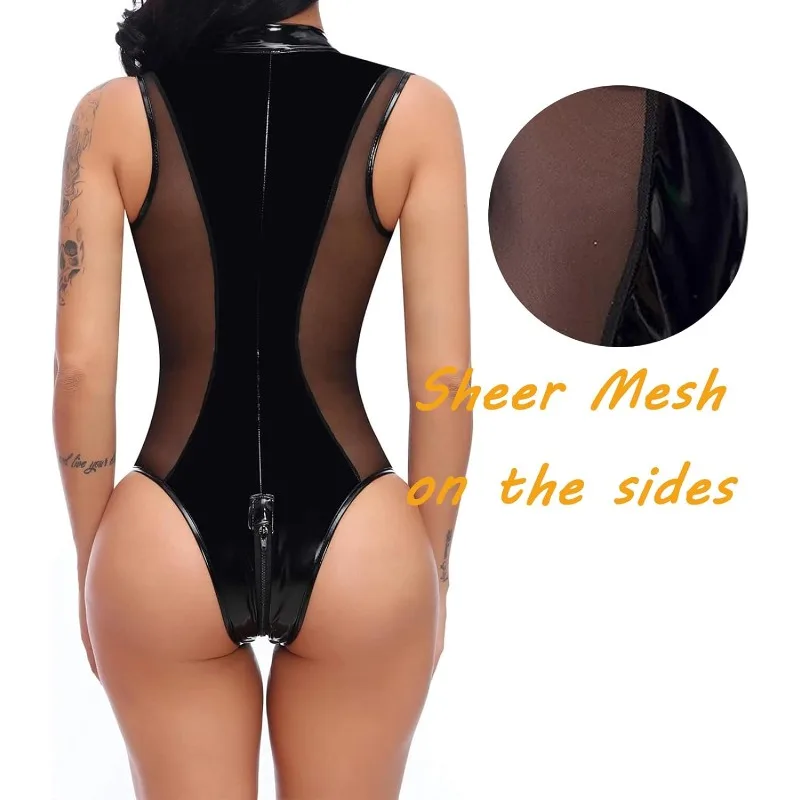 جديد مع الرمز البريدي Wetlook 1 قطعة ملابس السباحة بذلة الملابس الداخلية النساء مثير جلدية ارتداءها المرأة لامعة اللاتكس Catsuit مفتوحة ارتداءها L رمز #3