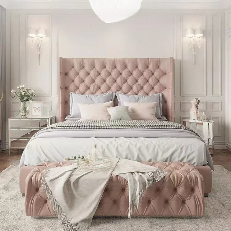 Princess Pretty Modern King Size Bed Frame Pink Luxury Solid Wood Bed Loft Comferter Villa Cama Box Casal Bedroom Furniture