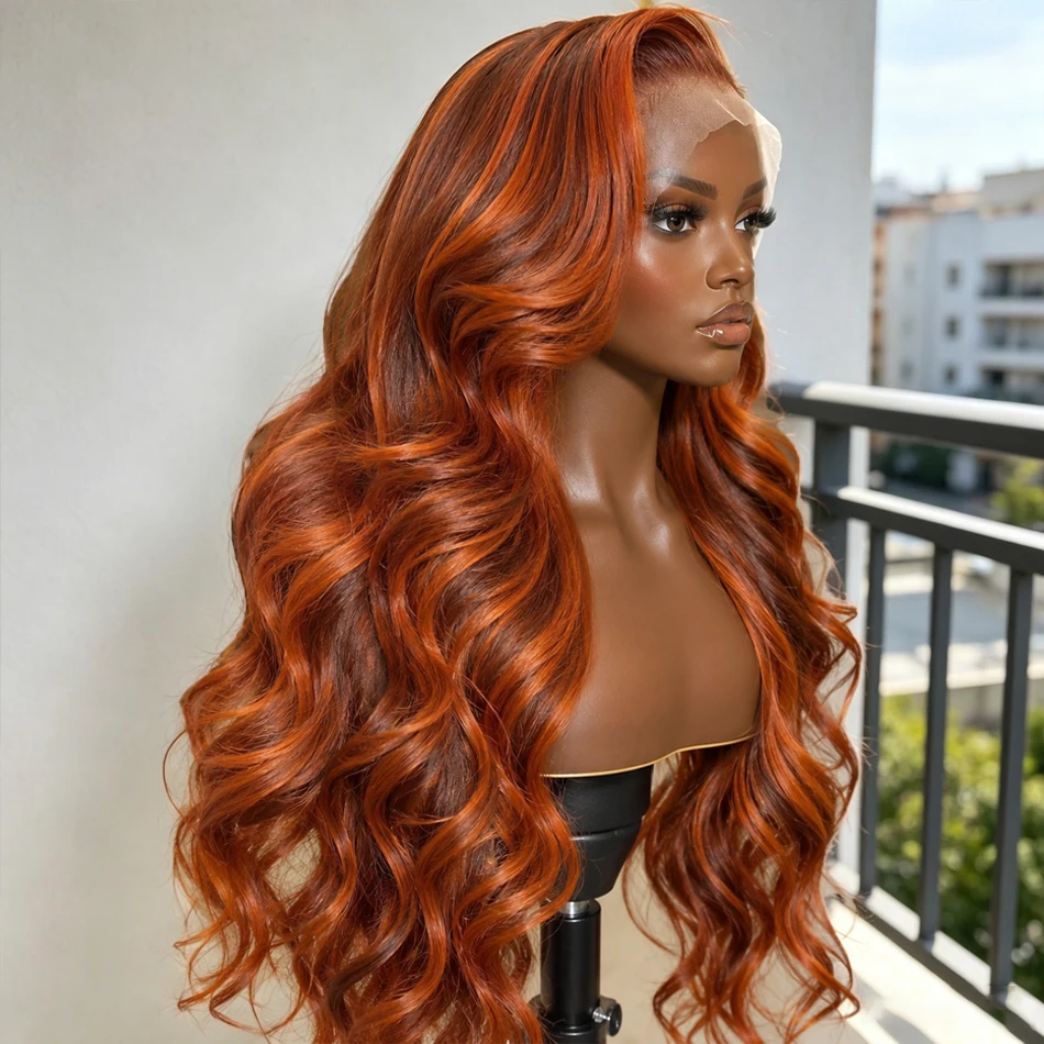 

4/350 Highlight Ombre Body Wave Wigs 13x6 Lace Front Human Hair Wig 220% Density Ginger Orange Brown Colored Brazilian Virgin Human Hair Water Wave 13x4 Lace Frontal Wig 36 38 Inch For Black Women Daily Party Use