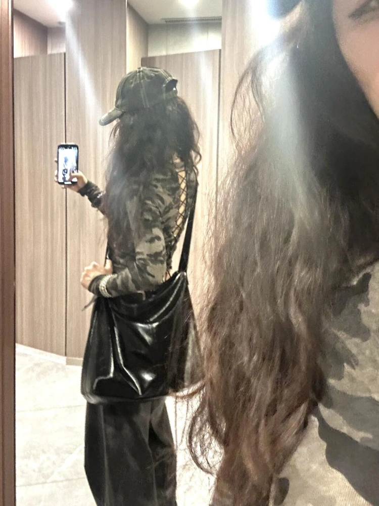 アメリカンヴィンテージアウターウェアパッチワーク中空ジッパーレターパターン長袖ストラップY2kサブカルチャー迷彩フード付き秋