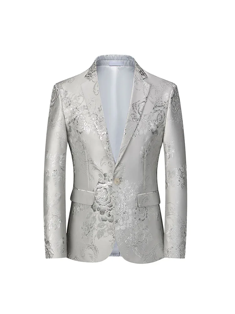 

White Busin Suit Jaet Men's Embroidered Floral Pattern Bright Surface Large Size Casual Faion Single-breasted Coat