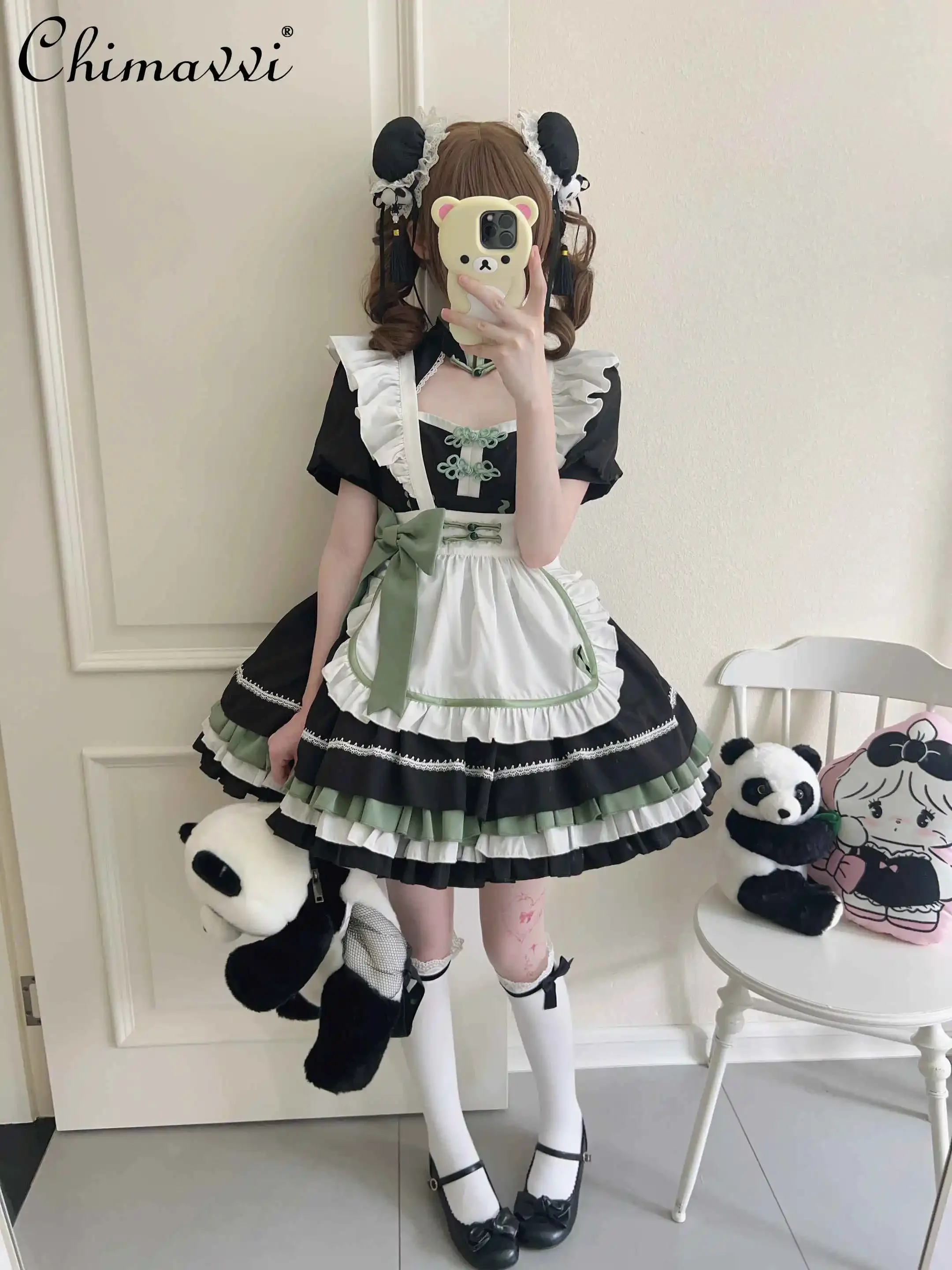 Original Lolita Maid Dress Summer New Chinese Style Women Cute Girls Short Sleeve Bucket Op Dress with Apron Leg Warmer Outfits