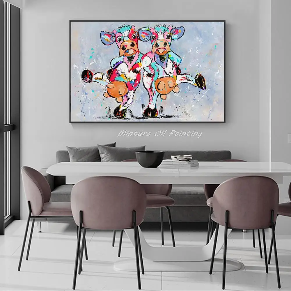 Mintura Handpainted Cartoon Oil Paintings on Canvas Cows Cattle Animal Modern Wall Hanging Art Picture Live Room Home Decoration