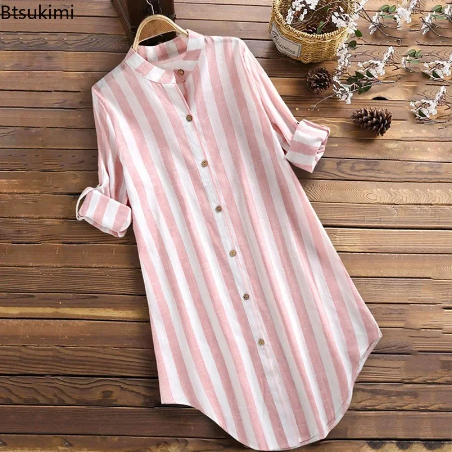 Spring New Women's Long-sleeved Cotton Linen Shirt Dress Fashion Stripe Print Loose Casual Button Blouse Ladies Mid-length Shirt