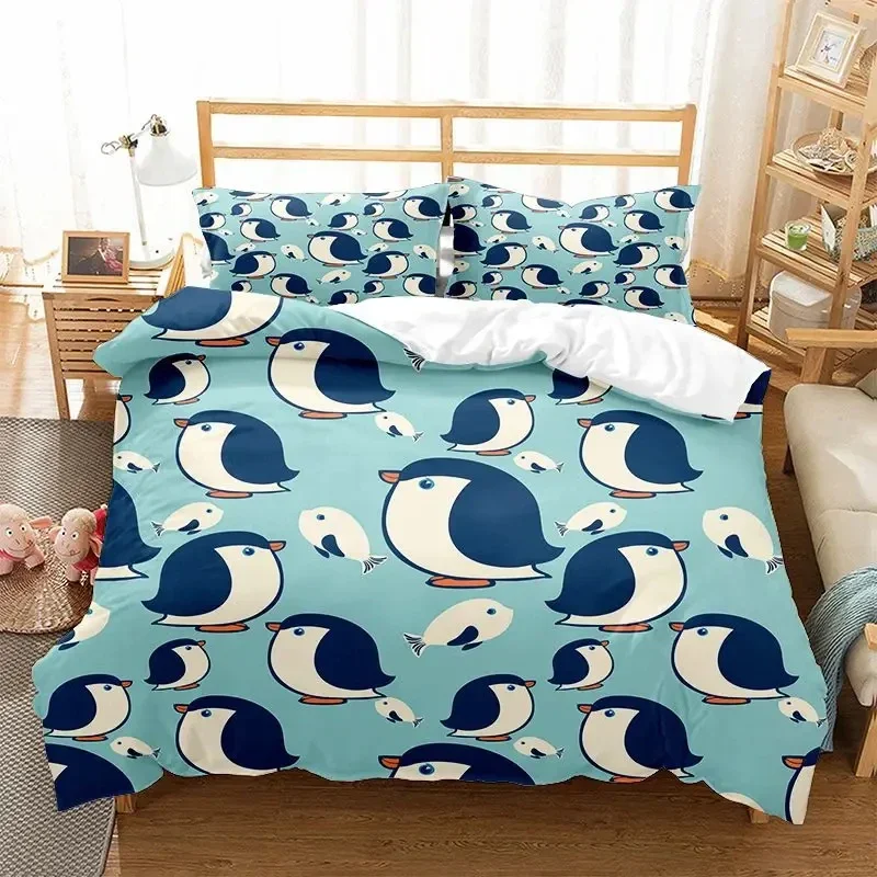 

3D Cartoon Penguin Duvet Cover Set for Boys Girl Animated Antarctic Animal Polyester Quilt Cover White Black King Queen Size
