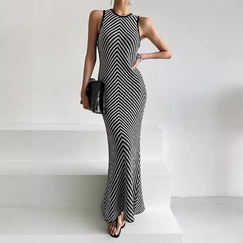 Verão chique high-end em torno do pescoço listrado cor bloco bodycon vestido de malha sem mangas da coreia