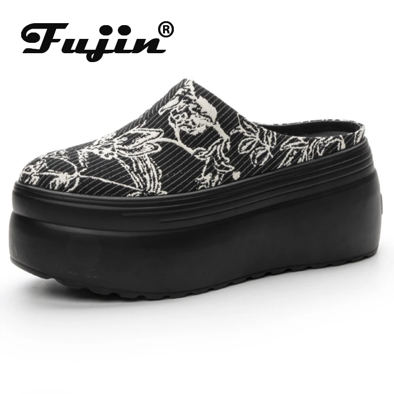 Fujin 8cm Denim Print Cloth Synthetic Leather Platform Wedge Casual Chunky Sneaker Pumps Comfy High Brand Summer Slipper Shoes