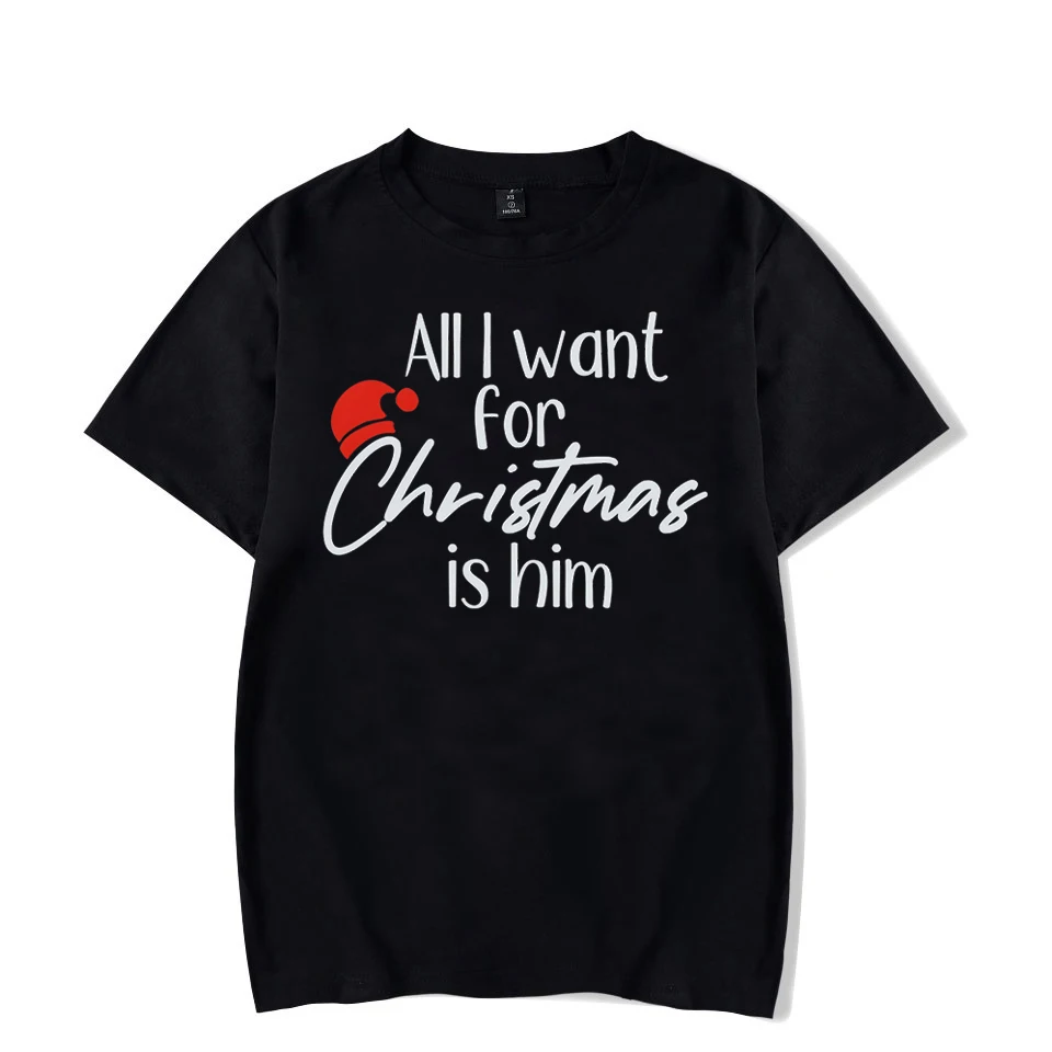 Christmas Couple Sweet T-Shirt All I Want for Christmas Is Him Her Print Matching Couples Tshirts Trendy Christmas Lovers Tshirt