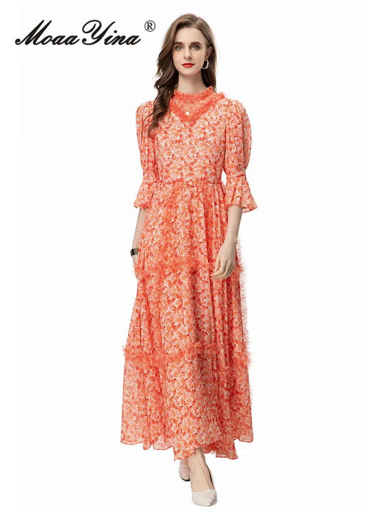 

MoaaYina Summer Fashion Designer High Quality Women Dress Net Yarn Ruffles Floral Print Flare Sleeve Temperament Long Dresses