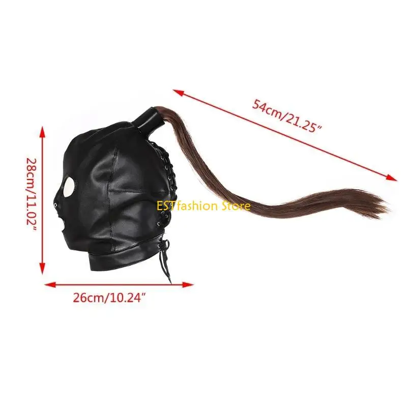 Y5GC Faux Leather Volledig gezicht Hoofddekselmasker BDSM Hood met pruik volwassen seksspeeltjes