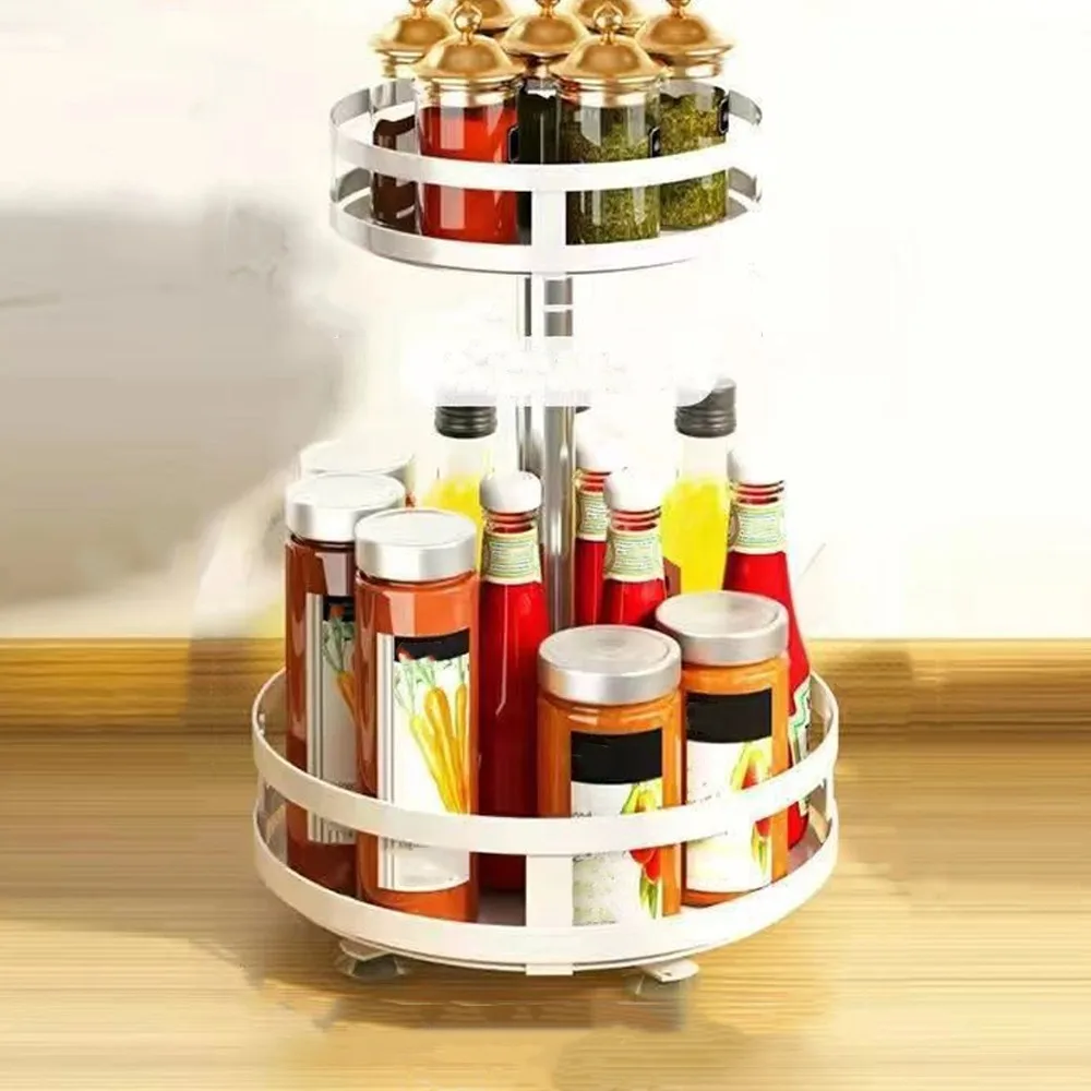 

360° Rotation Spice Rack Organizer Carbon Steel Multi-layer Kitchen Storage Tray Non-Skid Base Round Kitchen Storage Rack