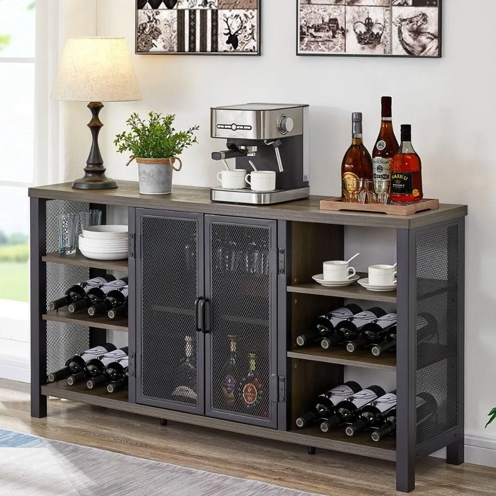 

FATORRI Industrial Wine Bar Cabinet for Liquor and Glasses, Wood Coffee Bar with Wine Rack, Metal Sideboard and Buffet Cabinet