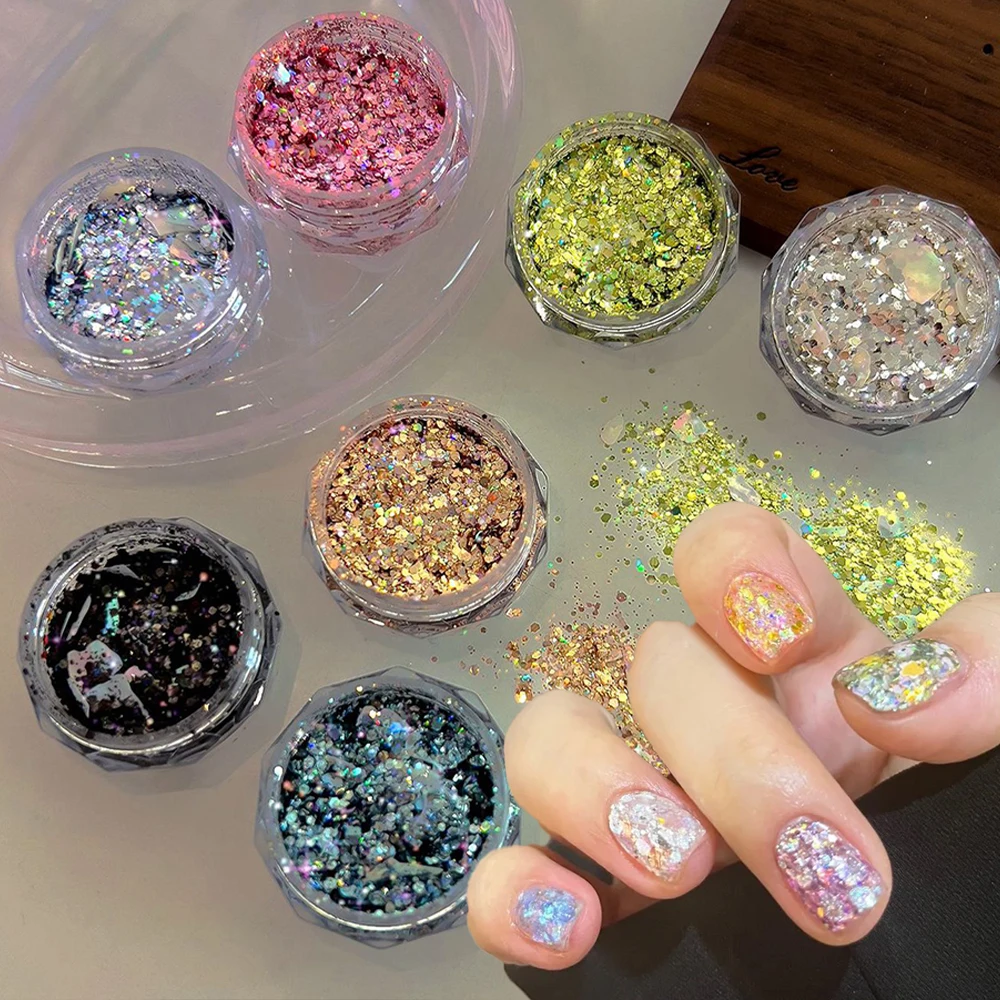 1Jar Holographic Chunky Nail Art Glitter Sequins Iridescent Shell Flakes Chunky Sequins Mix Nail Charms Mermaid Shiny Nail Decor