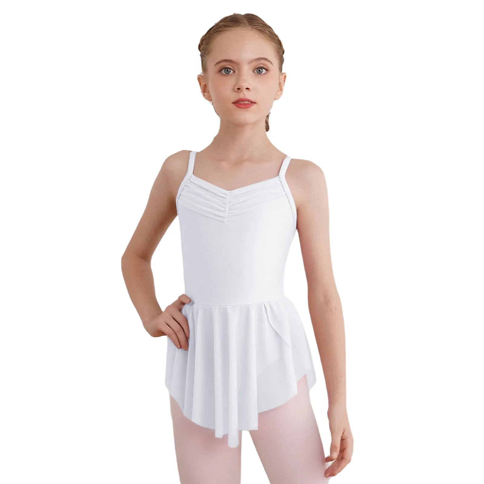 

Kids Girls Ballet Ballerina Dance Practice Performance Costume Spaghetti Straps Sides Split Dance Dress with Built-in Briefs