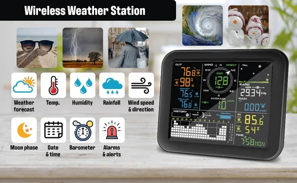 Wireless Weather Station With 5000 Data Storage Professional 5-in-1 Weather Station Indoor Outdoor