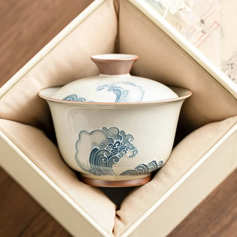 

Duidiao Ocean Waves Ercai Gaiwan Одиночная высококачественная чаша для заваривания чая кунг-фу Керамический чайный сервиз с ручной росписью Чаша для чая с крышкой