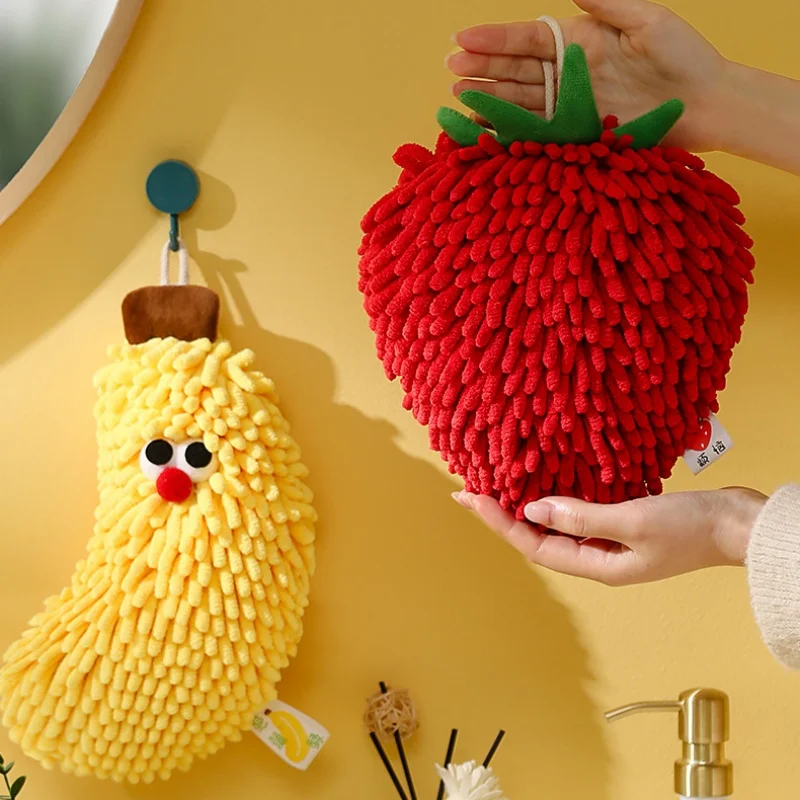 

1PC Hand Towel For Kitchen And Bathroom Banana/Strawberry Shaped Hanging Washcloth Chenilles Cloths Soft Absorbent Towel