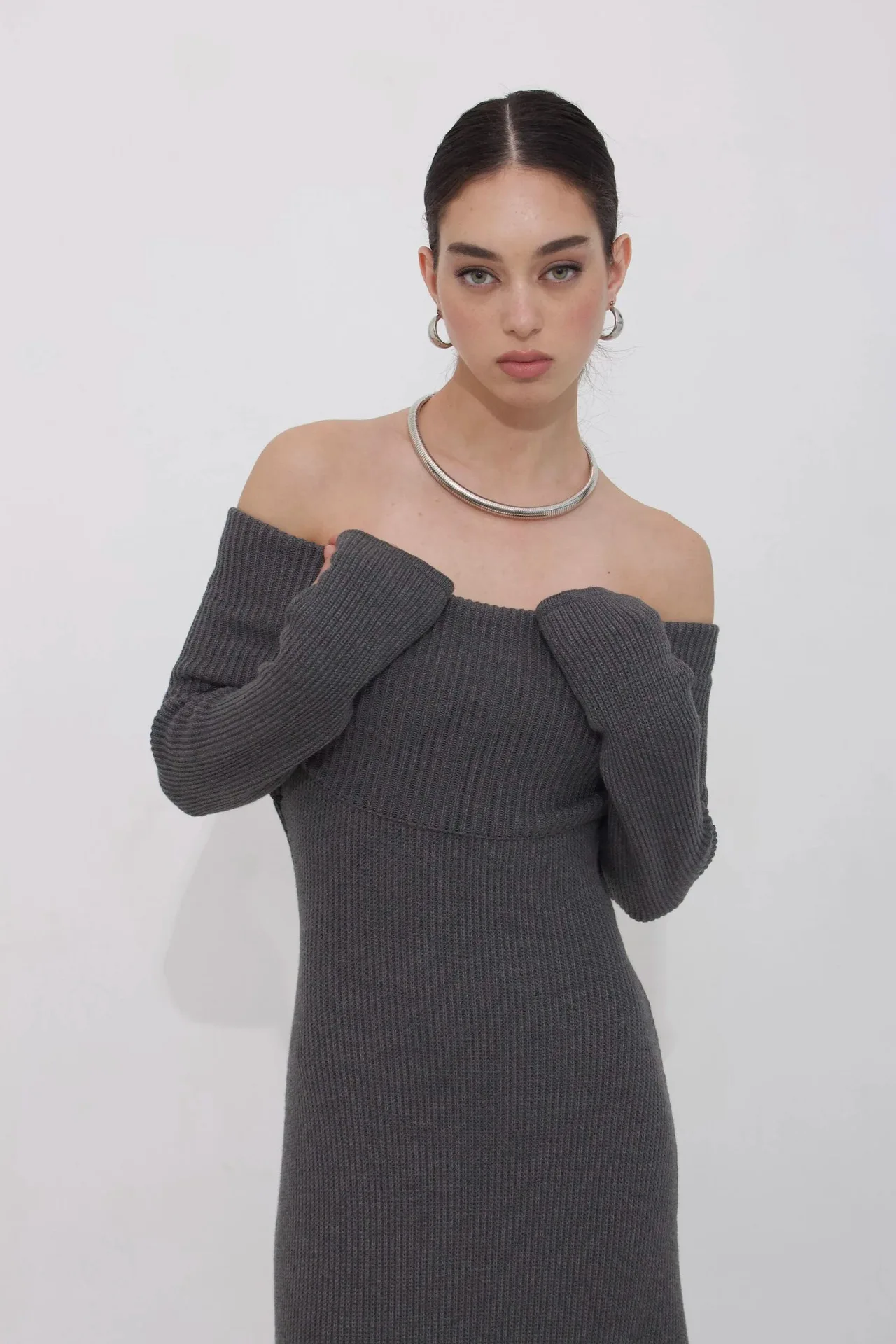 Fashion Bodycon Knitted Maxi Dress Women Sexy Elegant Off Shoulder Solid Long Sleeve Gray Long Dresses Autumn Winter CasualRobes