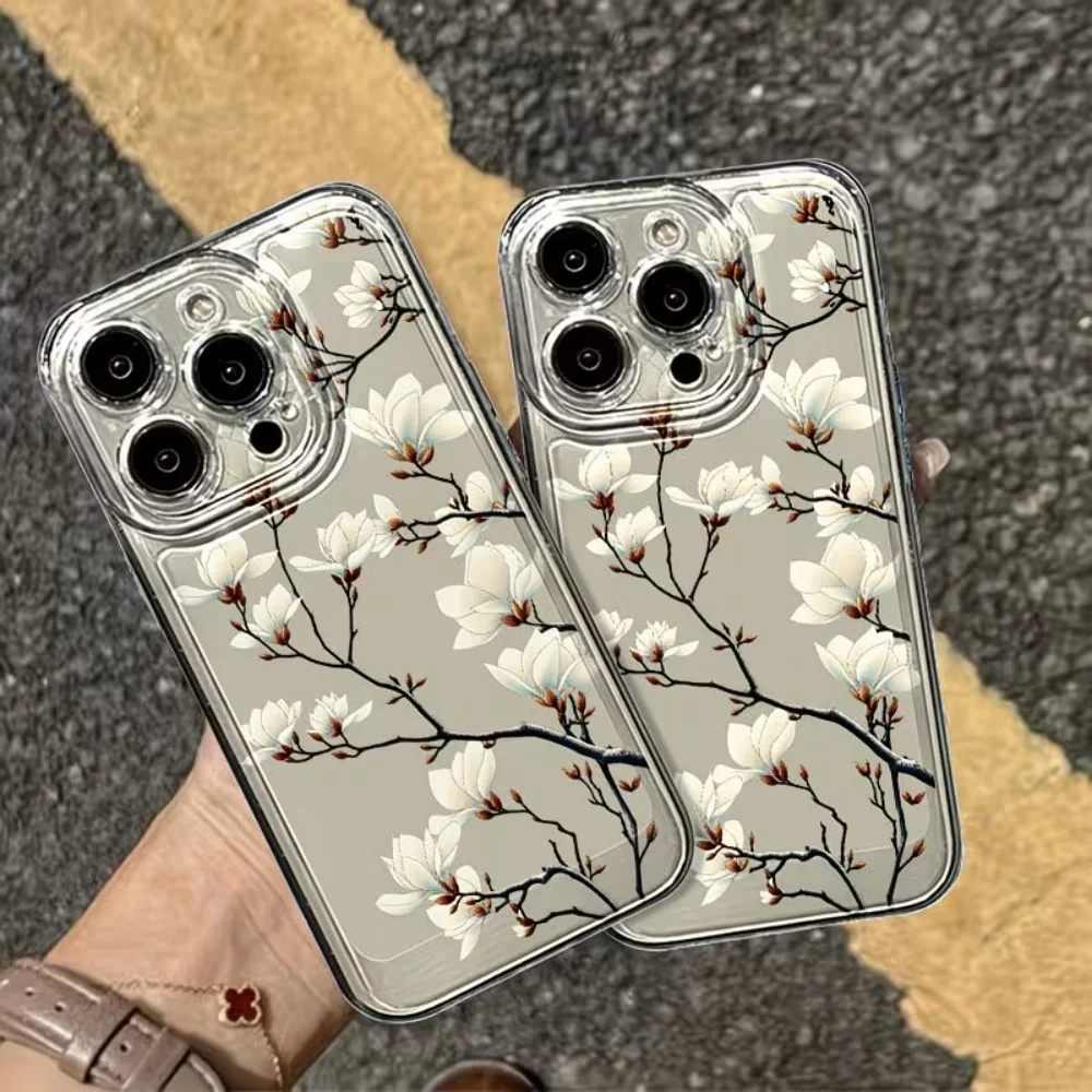 Coque de téléphone transparente en TPU effet seconde peau, motif fleur de magnolia tendance, antichoc pour iPhone 18 17 Air 16 15 14 13 12 Mini 11 Pro Max Plus