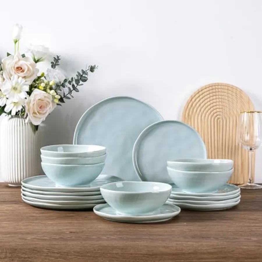 Ceramic Dinnerware Sets for 6, Porcelain Plates and Bowls Sets with Wavy Edge, Microwave and Dishwasher and Oven Safe, Weight a