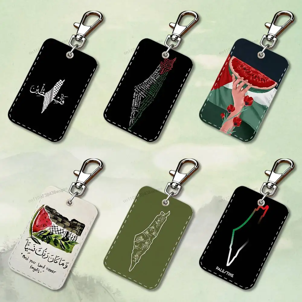 

Art Embroidery-PalesTine-ES Rectangle Card Case Keychain Access Card Bag Key Tag Ring Leather Card Holder Key Ring Access