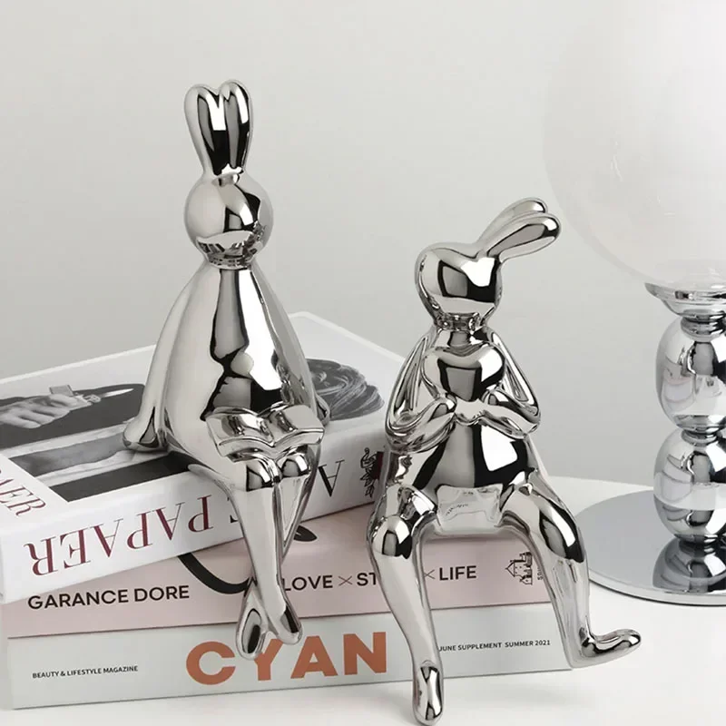 Shiny Rabbit Statue Simulation Rabbit Animal Art Sculpture Craftwork Home Cabinet Porch Office Decoration Accessories Ornamen