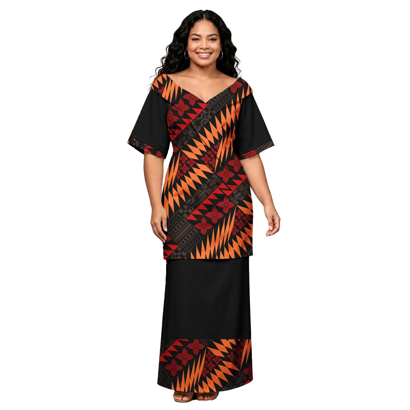 Ropa de Isla Personalizada, Estilo Tribal Polinesio, Elegante, Cuello en Y, Puletasi Tapa Fiji, Chal para Mujer, Puletasi Samoano, Conjunto de 2 Piezas
